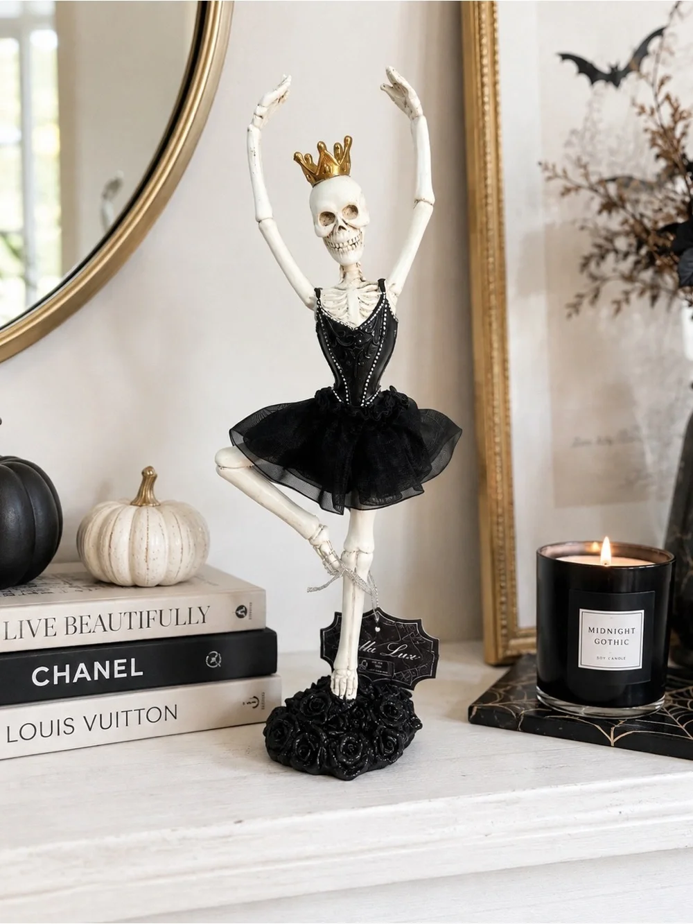 Bella Lux Skeleton Ballerina Figurine Black Tutu Gold Crown Halloween NWT